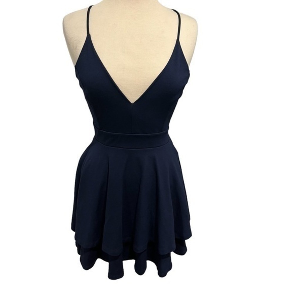 Windsor Navy‎ Blue Lace Open Back Skater Dress Tiered Mini L #89